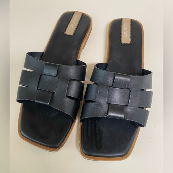 Franco Sarto Shoes - Franco Sarto Mazy Black Leather Woven Square Toe Slide Sandals Size 11